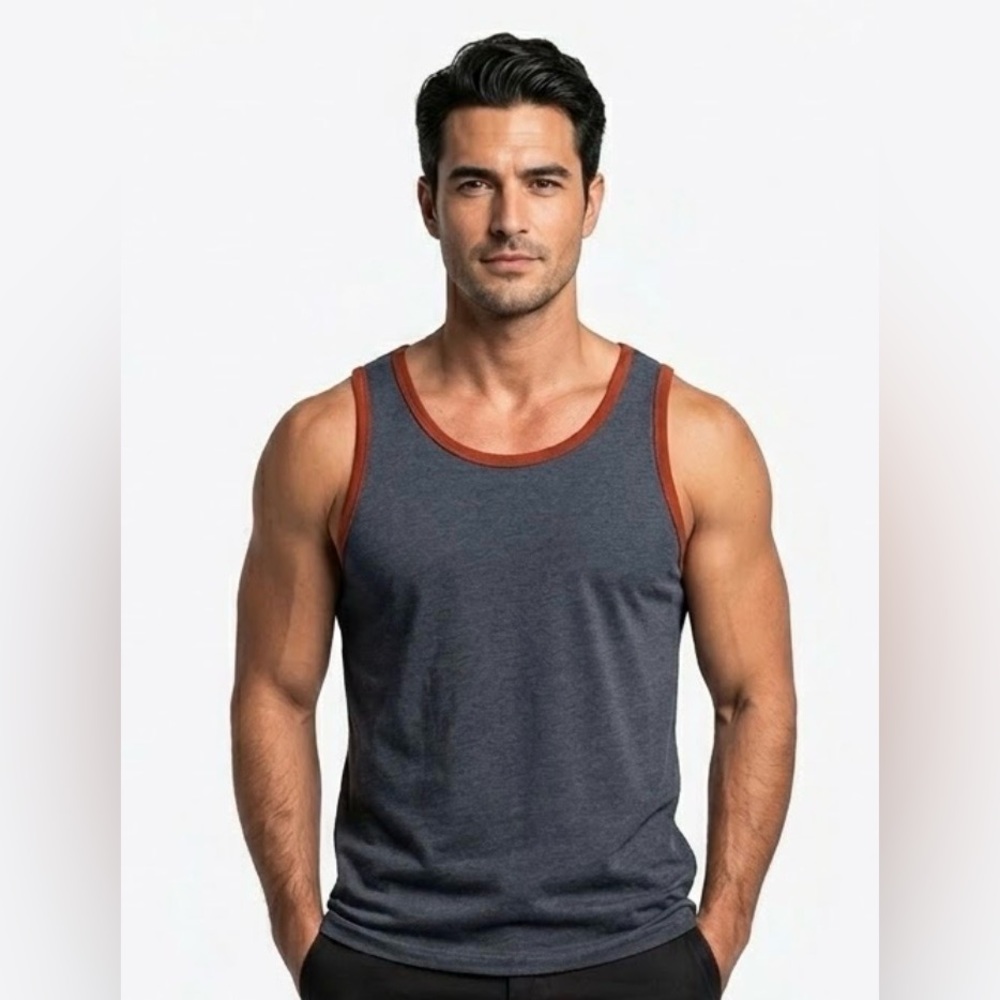 Men's Charcoal Gray Tank Top with Rust Trim
